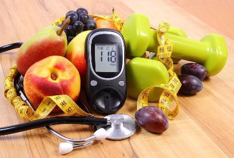 Image of being healthy, fruit, dumbbels, blood tester